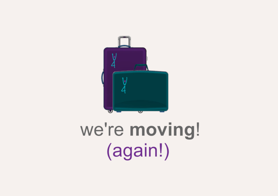 Image of suitcases in Jive4All teal and purple with Jive4All dancer graphic on them. Under the suicases it states 'we're moving! (again!)