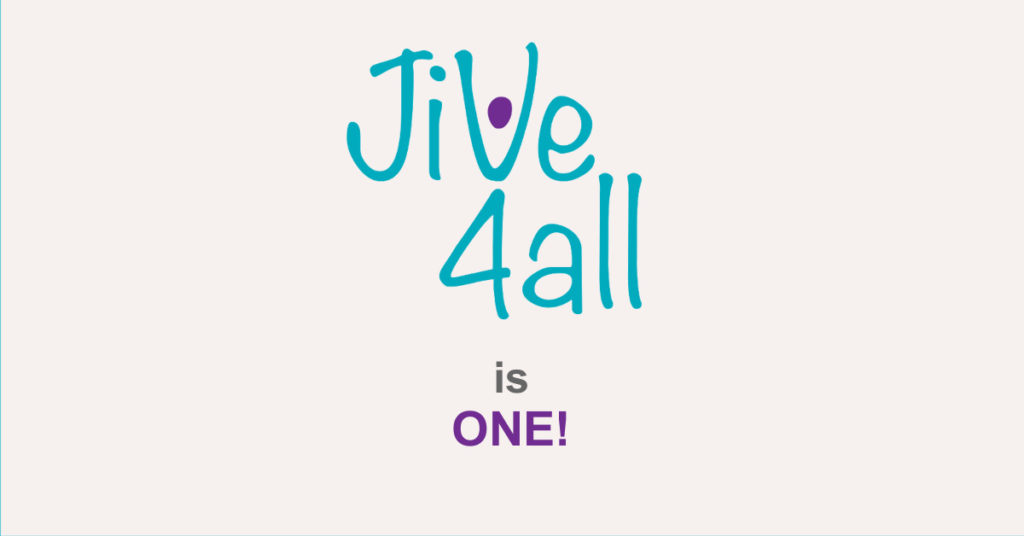Simple Image featuring the words 'Jive4All is ONE!' in the brand colours of teal and purple against a plain background